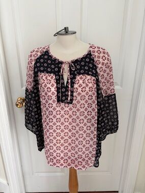 LOFT Pink and Black Mix-Print Tie-Neck Peasant Blouse